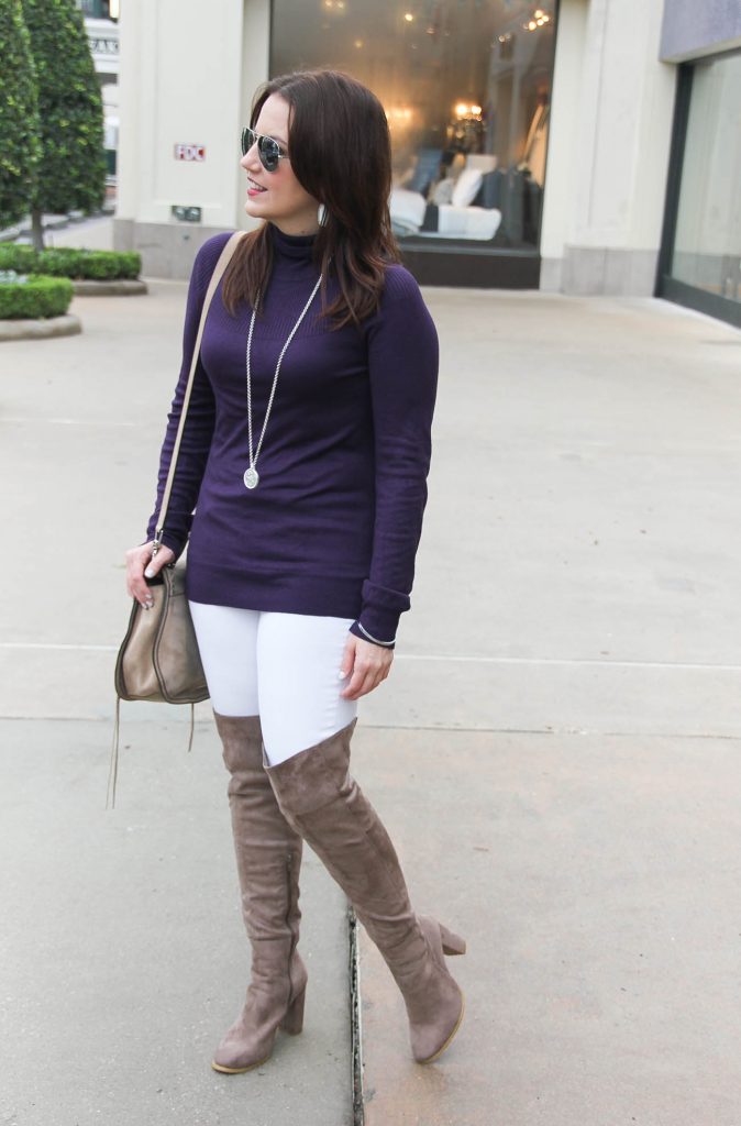 Smart Casual Taupe Suede Over-the-Knee Boots with Purple Sweater — Over the Knee Boots Outfits