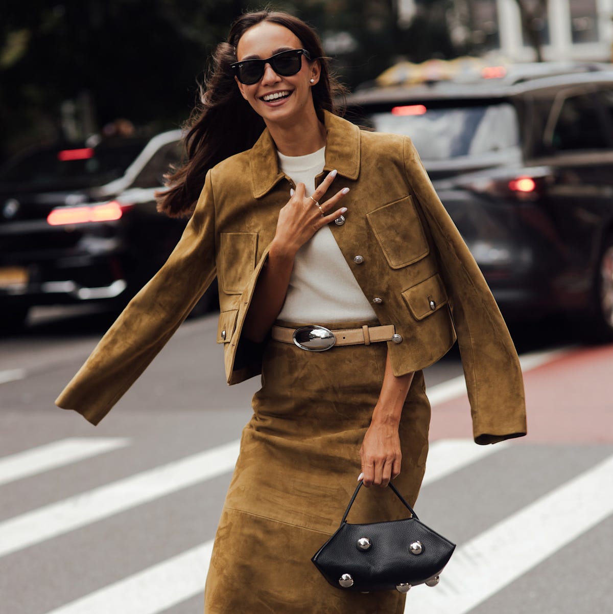 Brown Suede Pencil Skirt Matching Set with White Tee — Winter Skirt Outfits