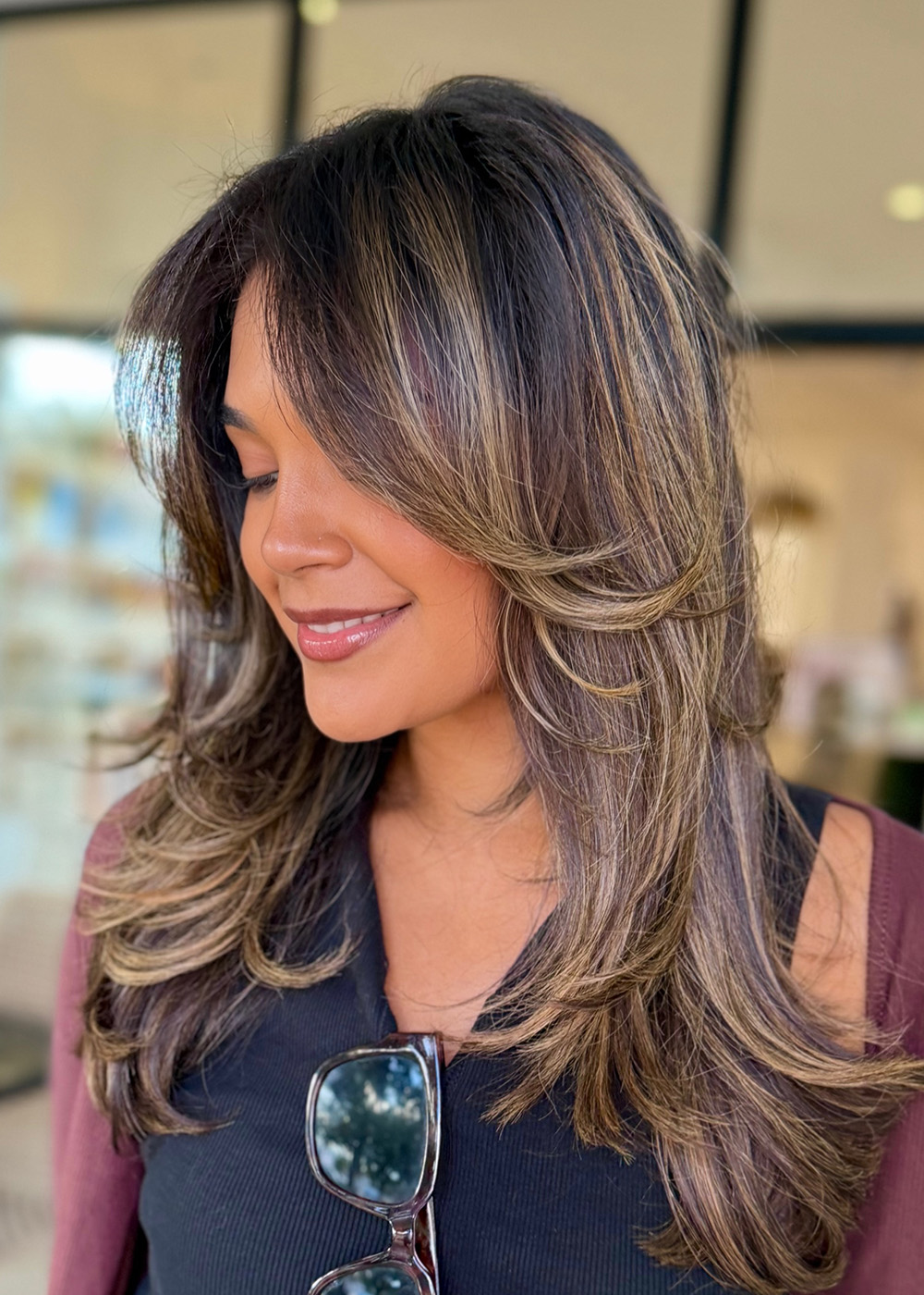 Curtain Bangs Dark Brown With Caramel & Ash Blonde Highlights — Winter Highlights
