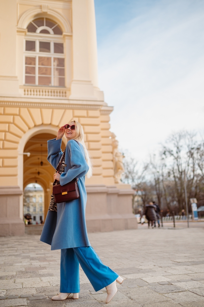 Bold Blue Wide-Leg Trousers with Matching Long Coat — Europe Winter Outfits