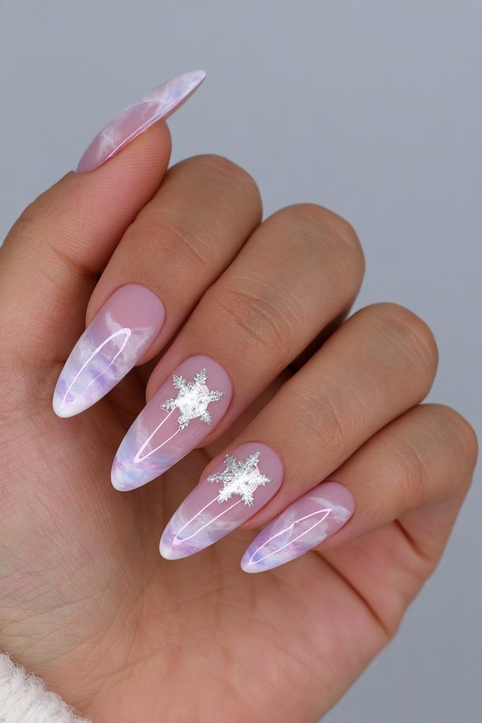 Marble Snowflake Stiletto Nails Marble Snowflake Stiletto Nails — Winter Acrylic Nails