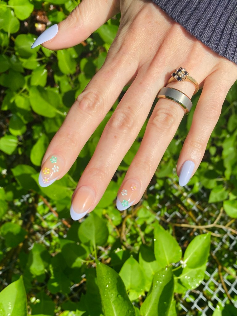 Pastel Blue French Tips with Flowers Pastel Blue French Tips with Flowers — simple nail designs