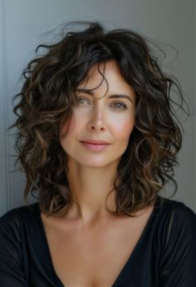 Curly Lob With Caramel Highlights Curly Lob With Caramel Highlights — Winter Hair Colors for Women Over 40