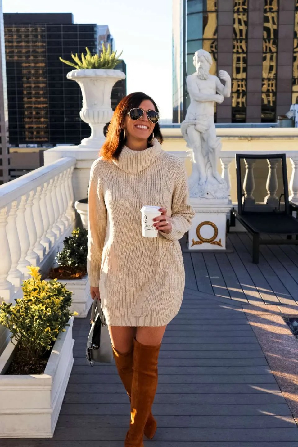 Oversized Cream Turtleneck Sweater Dress with Tan Over-the-Knee Boots — Sweater Dress Outfits