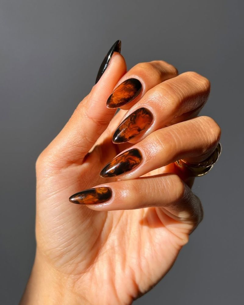 Dark Brown Tortoiseshell Marble Stiletto Nails — Winter Marble Nails