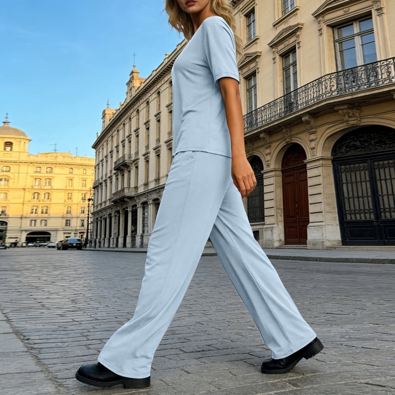 Light Blue Jersey Knit T-Shirt and Wide-Leg Pants — Loungewear Outfits