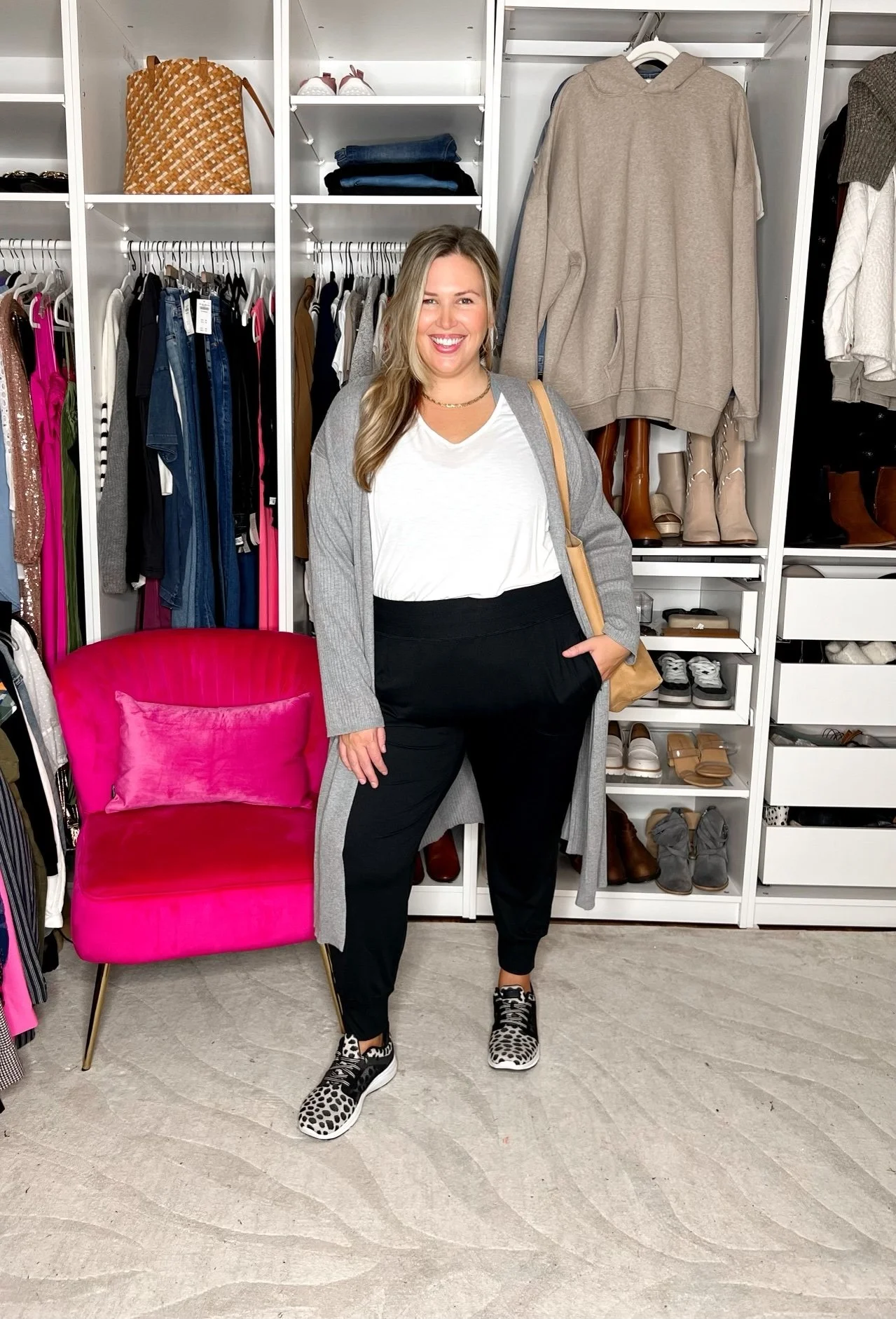 Leopard Print Sneakers Add Flair to Grey Cardigan Outfit — Winter Athleisure Outfits