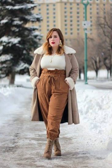 Beige Fur-Trimmed Coat and Paperbag Waist Pants for Warmth Beige Fur-Trimmed Coat and Paperbag Waist Pants for Warmth — Winter Outfits for Curvy Women