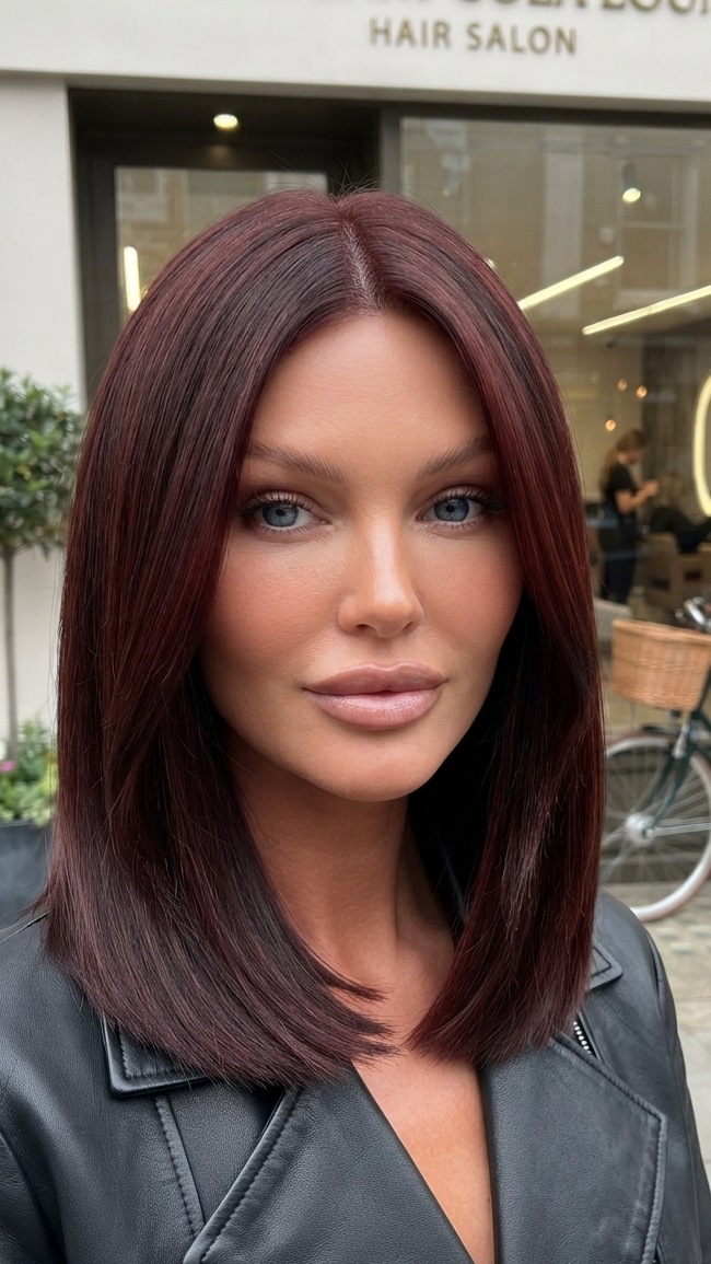 Deep Cherry Red Collarbone Lob — Cherry Cola Hair Color