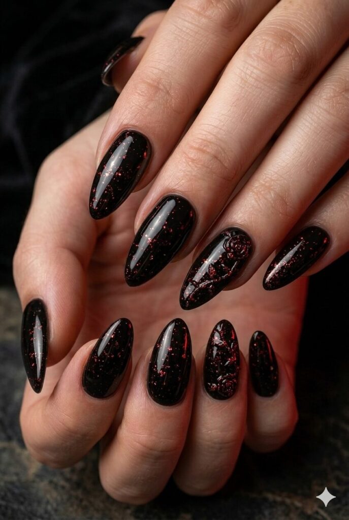 Black Almond with Red Glitter and Roses Black Almond with Red Glitter and Roses — Black Cherry Nails