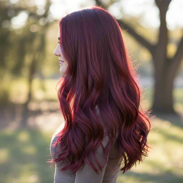 Long Layers Deep Burgundy Red Mid-Back Waves — Winter Hair Colors for Redheads