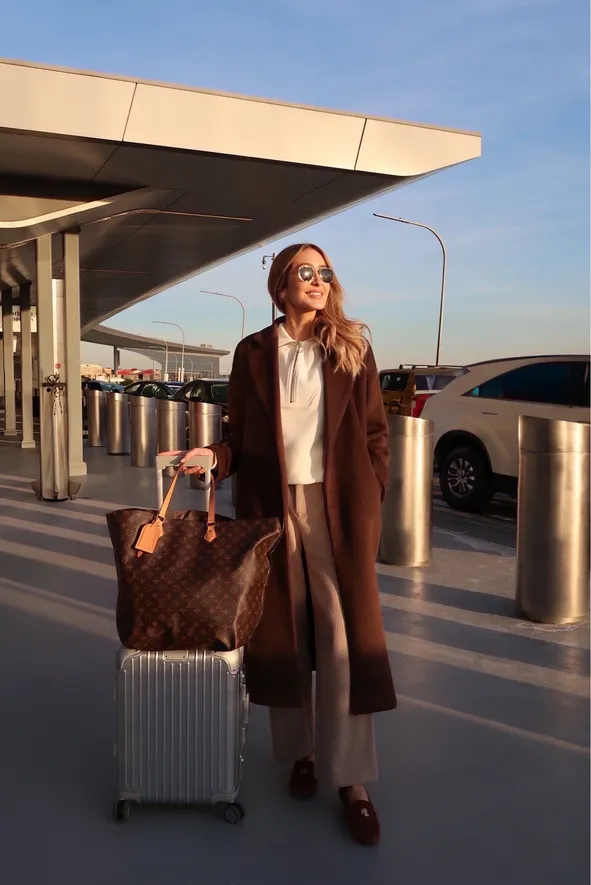 Long Wool Coat Over Knit Set with Monogram Tote — Winter Airport Outfits