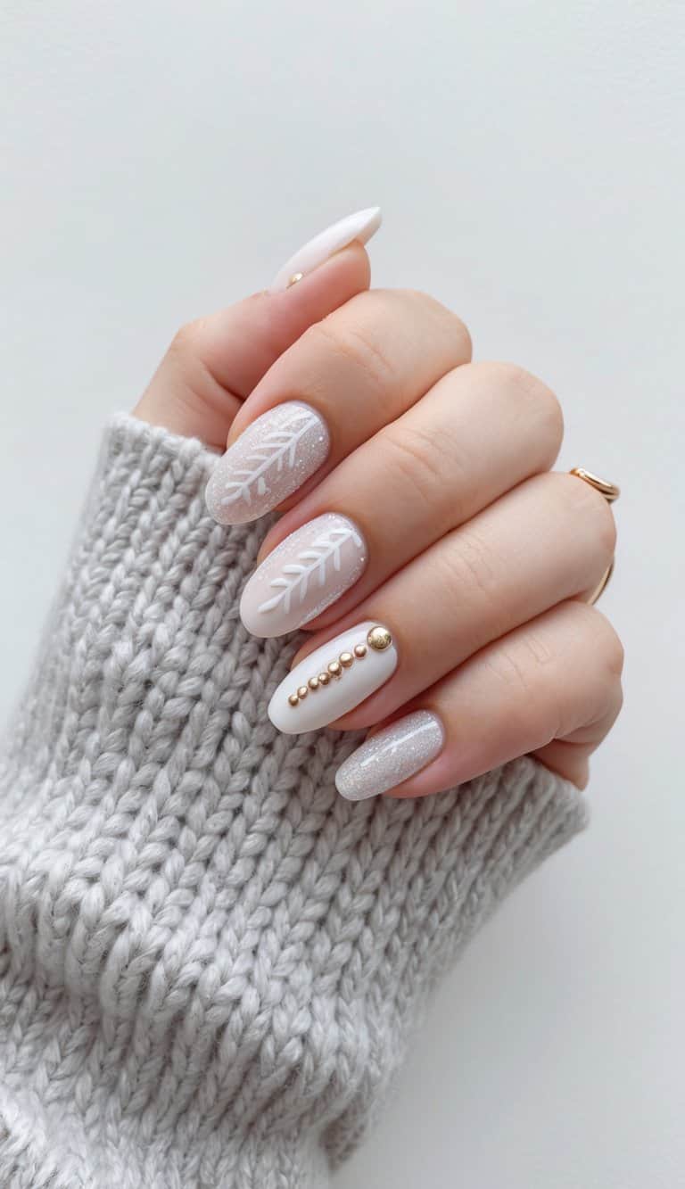 Pale Pink With Snowflake and Leaf Motifs Pale Pink With Snowflake and Leaf Motifs — Minimalist Winter Nails