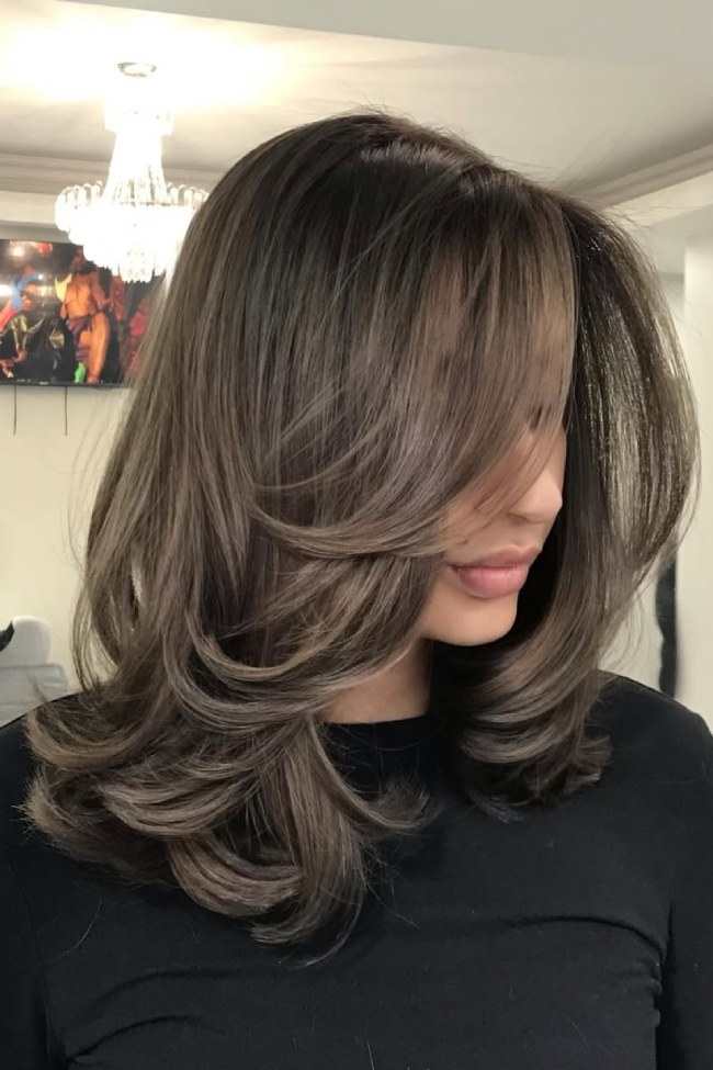 Collarbone Ash Brown with Voluminous Blowout and Bangs — Ash Brown Hair