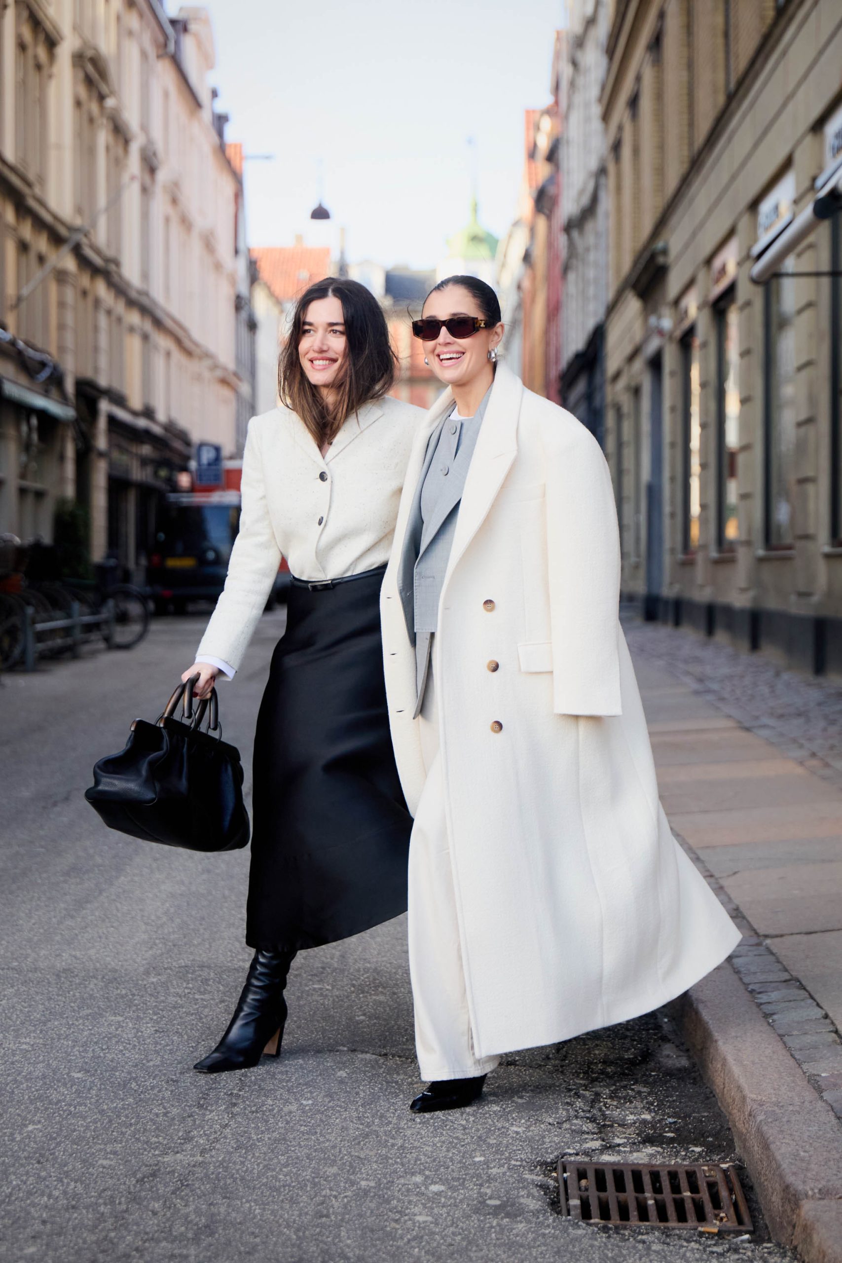 Cream Oversized Coat Over Grey Top and Midi Skirt — Late Winter Outfits