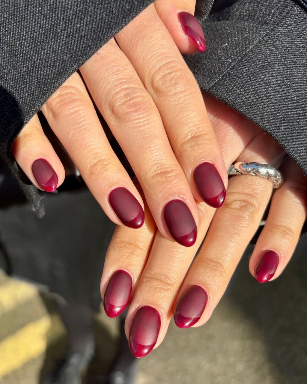 Medium Oval Matte French Tip Glossy Nails Medium Oval Matte French Tip Glossy Nails — Winter Nail Colors for Women Over 60
