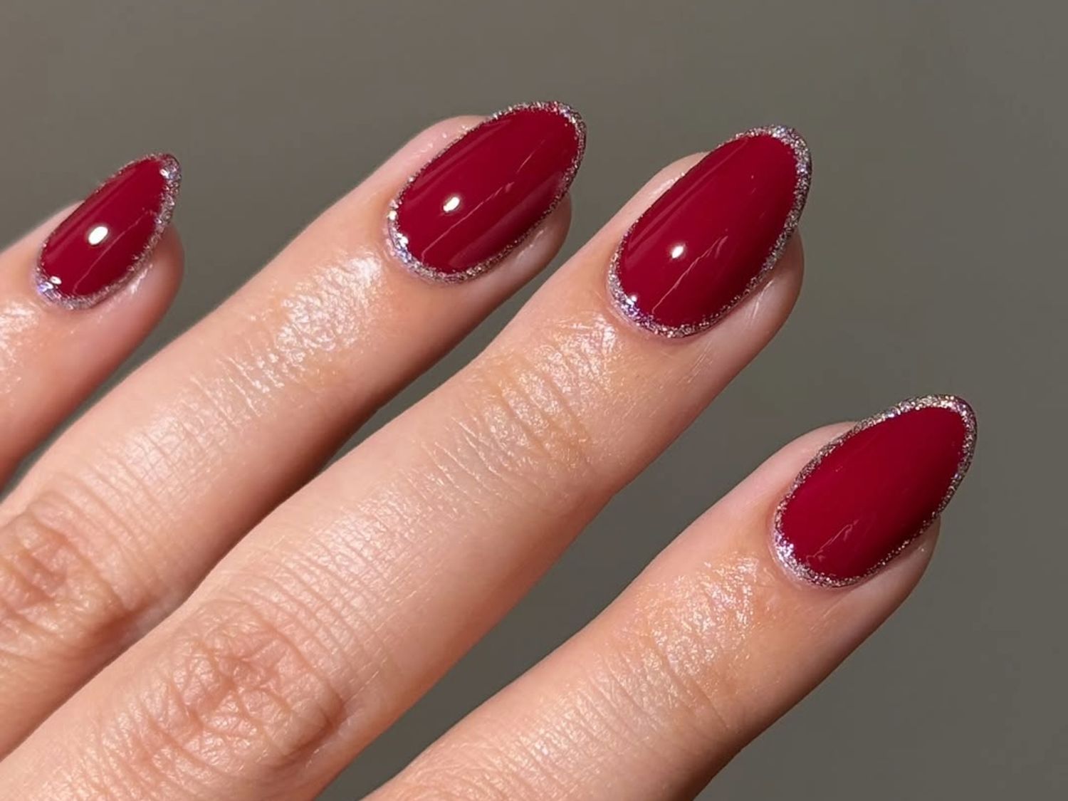 Deep Red with Silver Glitter Cuticle Accent Deep Red with Silver Glitter Cuticle Accent — Winter Red Nails