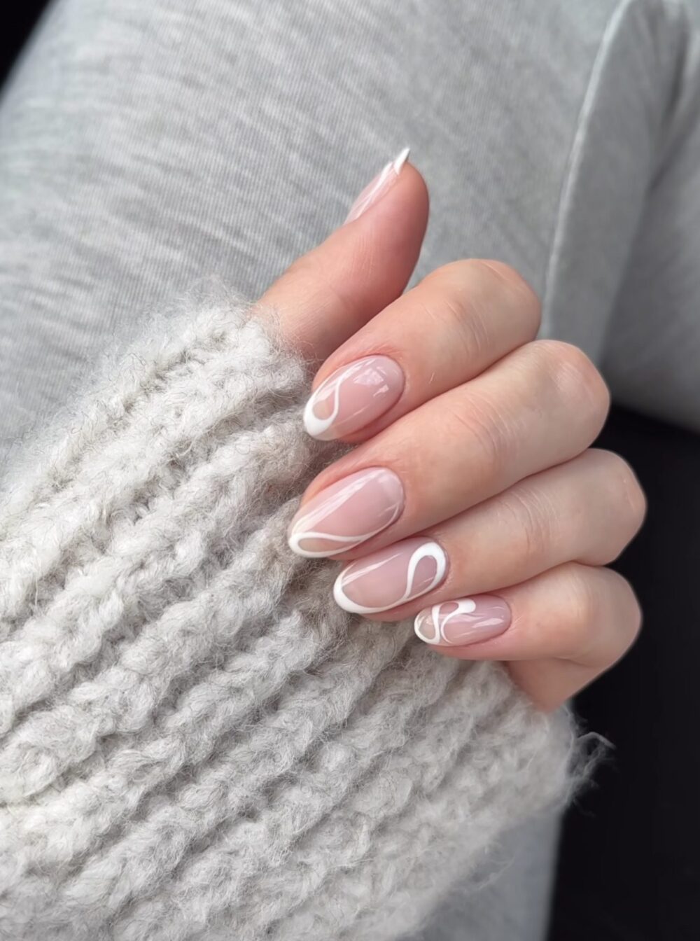 Abstract White Swirls On Sheer Nude Base Visual Idea Abstract White Swirls On Sheer Nude Base Visual Idea — Short Winter Nails