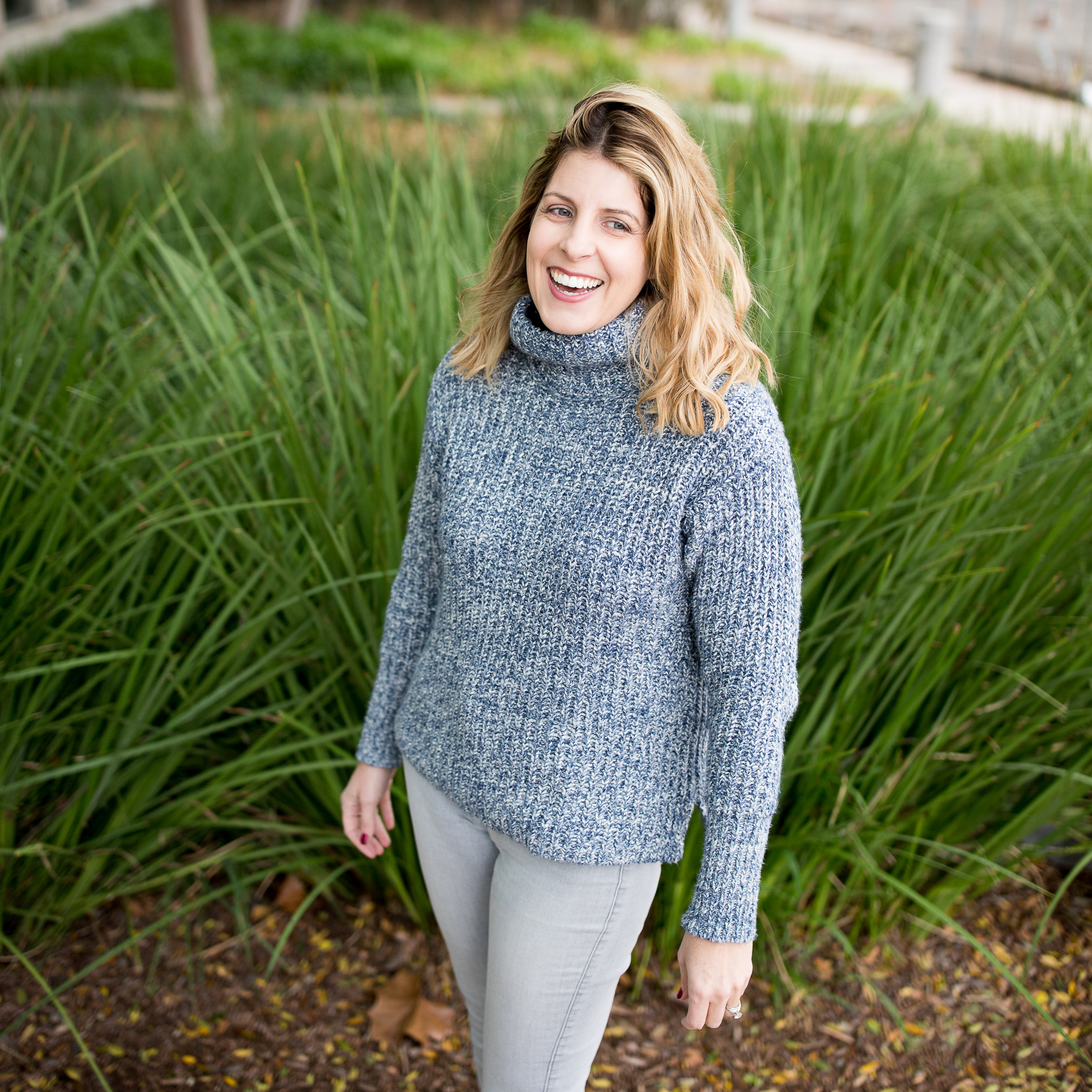 Blue Marled Knit Turtleneck with Grey Trousers — Turtleneck Outfits