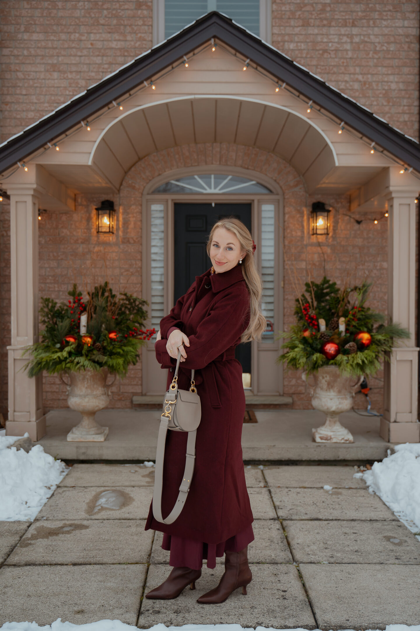 Long Burgundy Wool Coat Over Matching Dress and Heeled Boots Long Burgundy Wool Coat Over Matching Dress and Heeled Boots — Neutral Winter Outfits