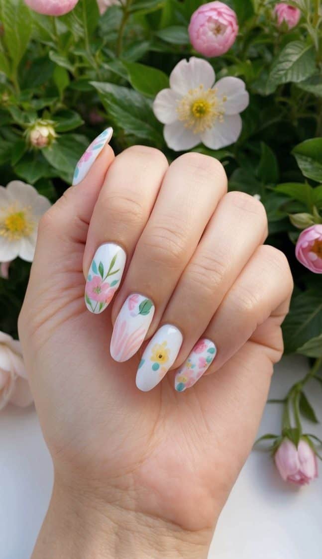 White Floral Hand-Painted Short Oval White Floral Hand-Painted Short Oval — short nail designs