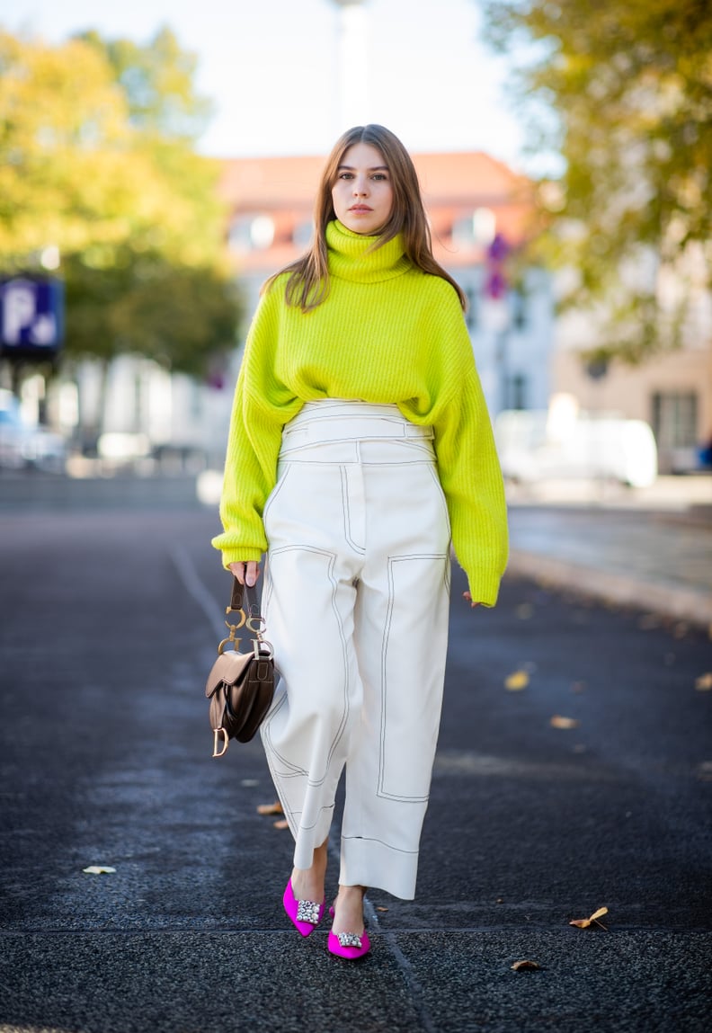Lime Green Chunky Knit Sweater with White Wide-Leg Trousers Lime Green Chunky Knit Sweater with White Wide-Leg Trousers — Winter Work Outfits