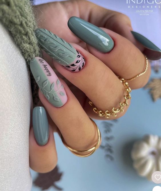 Sage Green Knit, Leaf, and 'Be Happy' Nails Sage Green Knit, Leaf, and 'Be Happy' Nails — Sweater Nails