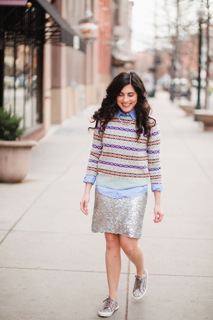 Striped Fair Isle Sweater with Sequin Skirt and Sneakers Striped Fair Isle Sweater with Sequin Skirt and Sneakers — Fair Isle Sweater Outfits