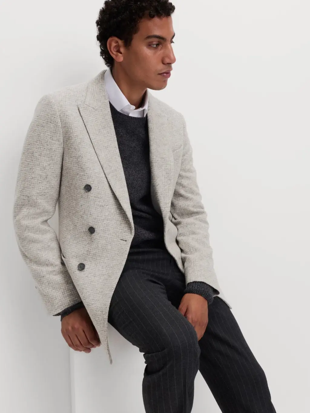 Double-Breasted Blazer with Crewneck Sweater for Smart Layering — Winter Outfits for Men