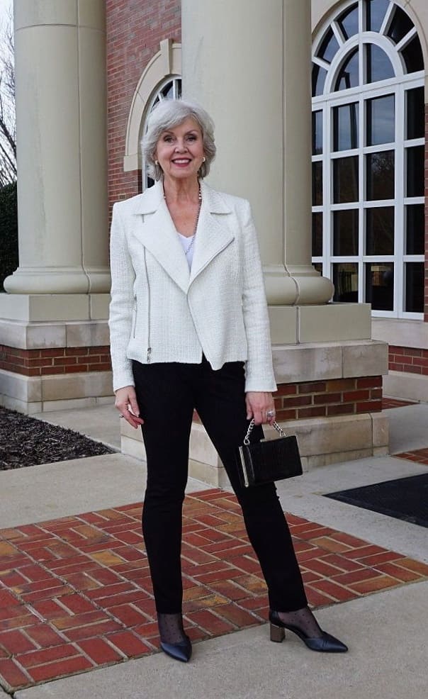 White Textured Jacket with Black Trousers for Sharp, Modern Style White Textured Jacket with Black Trousers for Sharp, Modern Style — Winter Outfits for Women Over 60