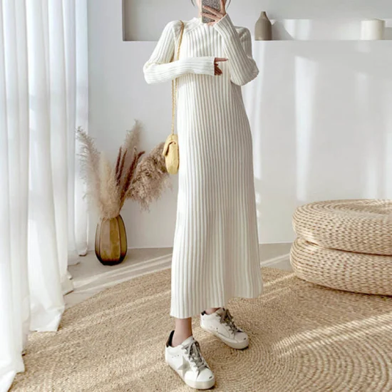 Cream Ribbed Knit Maxi Dress with Sneakers — Korean Winter Outfits