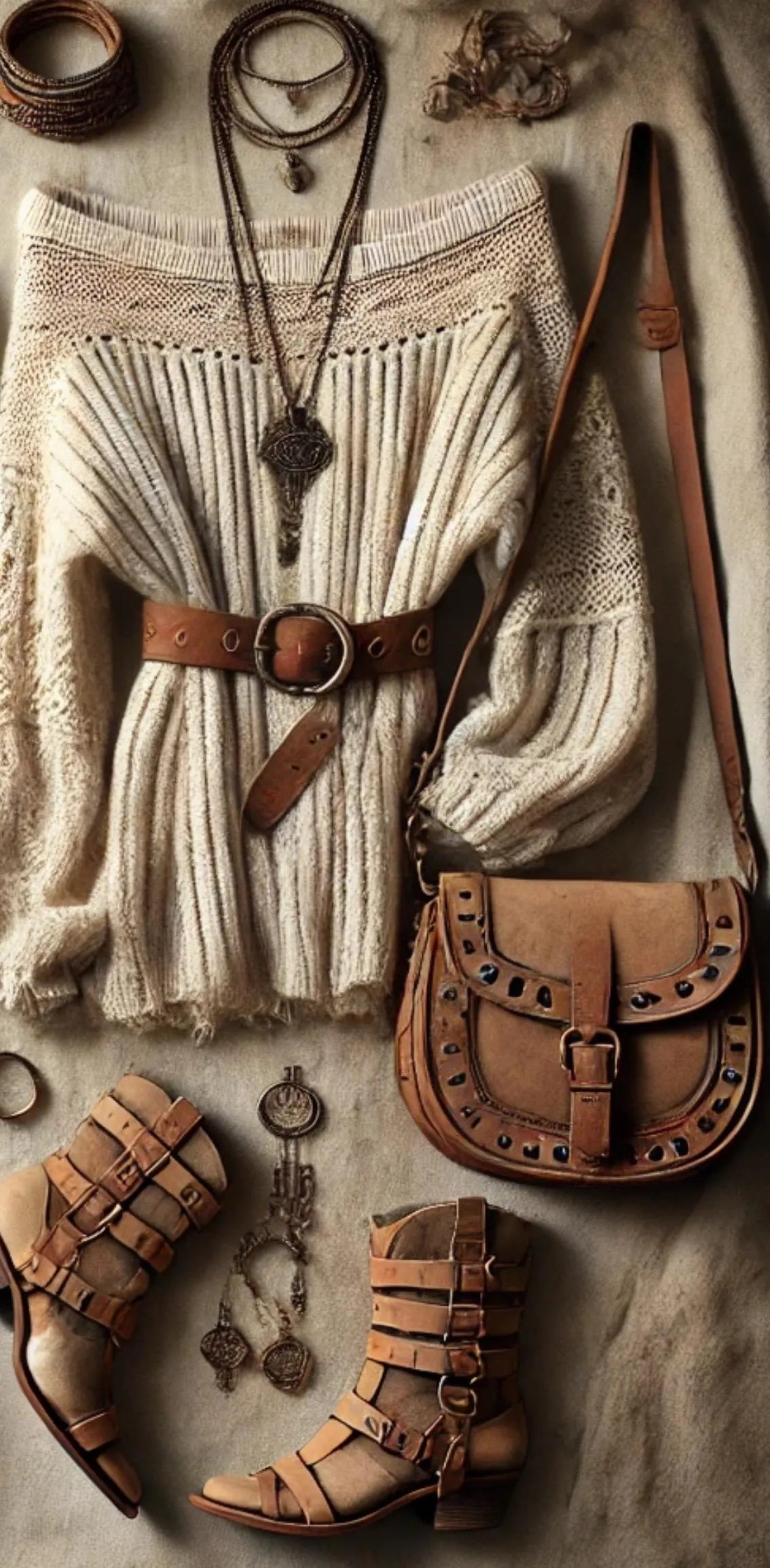 White T-shirt with Brown Leather Vest and Pants — Boho Winter Outfits