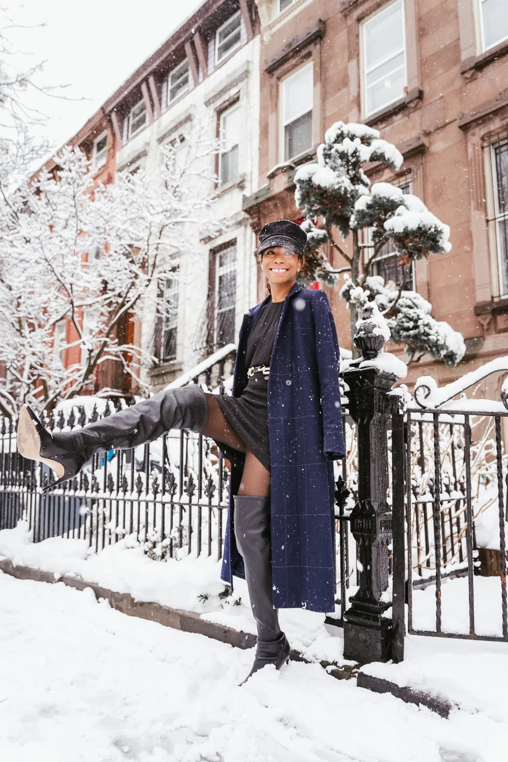 Navy Long Coat Over Black Dress and Thigh-High Boots Navy Long Coat Over Black Dress and Thigh-High Boots — Winter Work Outfits