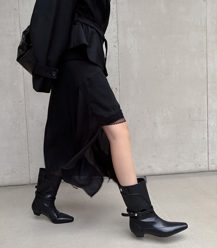 Elegant Evening: Black Lace-Trim Dress and Pointed-Toe Ankle Boots — Black Boots Outfits