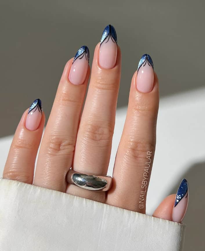 Navy Glitter French Almond Tips Navy Glitter French Almond Tips — Navy Blue Nails