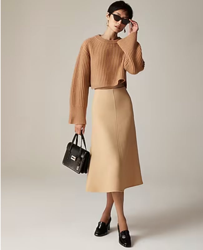 Camel A-Line Midi Skirt with Cropped Knit Sweater — Winter Skirt Outfits
