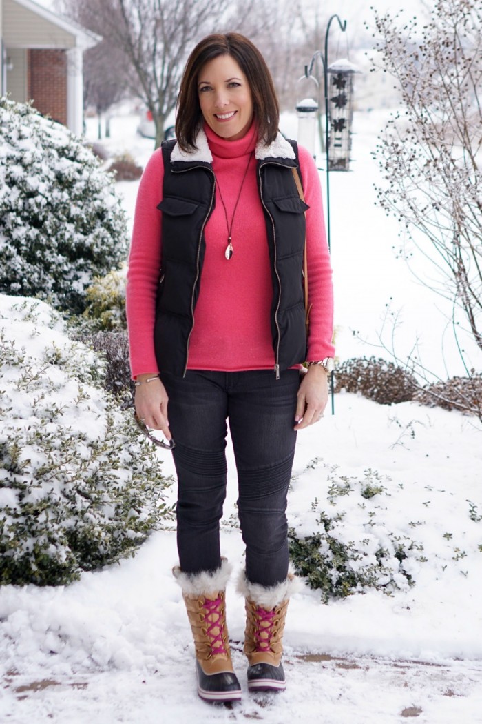 Pink Turtleneck and Quilted Vest for a Stylish Snow Day — Snow Day Outfits