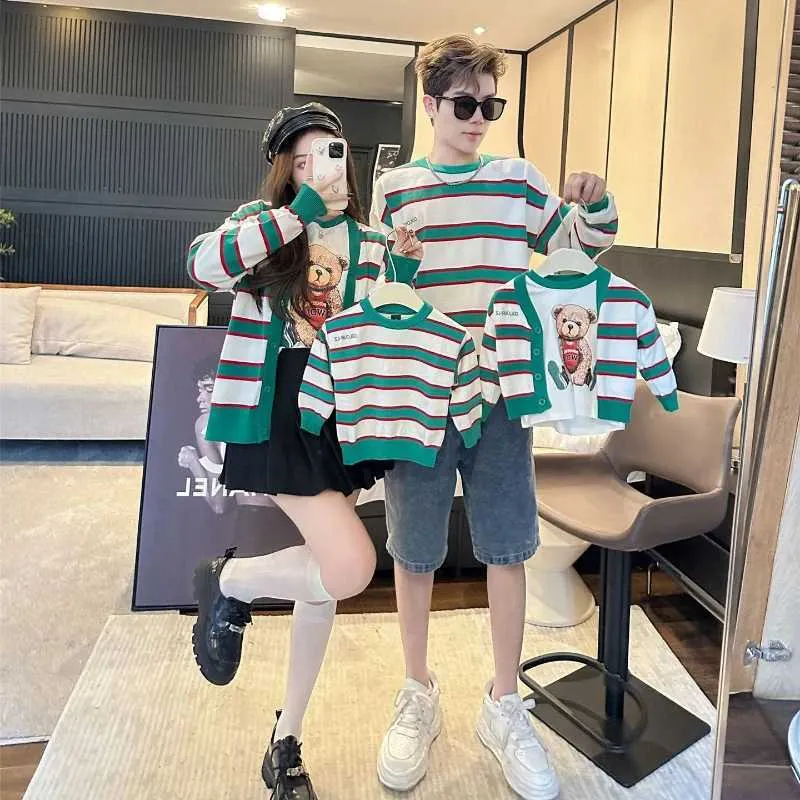 Striped T-Shirts and Cardigans with Teddy Bear Graphic Striped T-Shirts and Cardigans with Teddy Bear Graphic — Winter Family Photo Outfits
