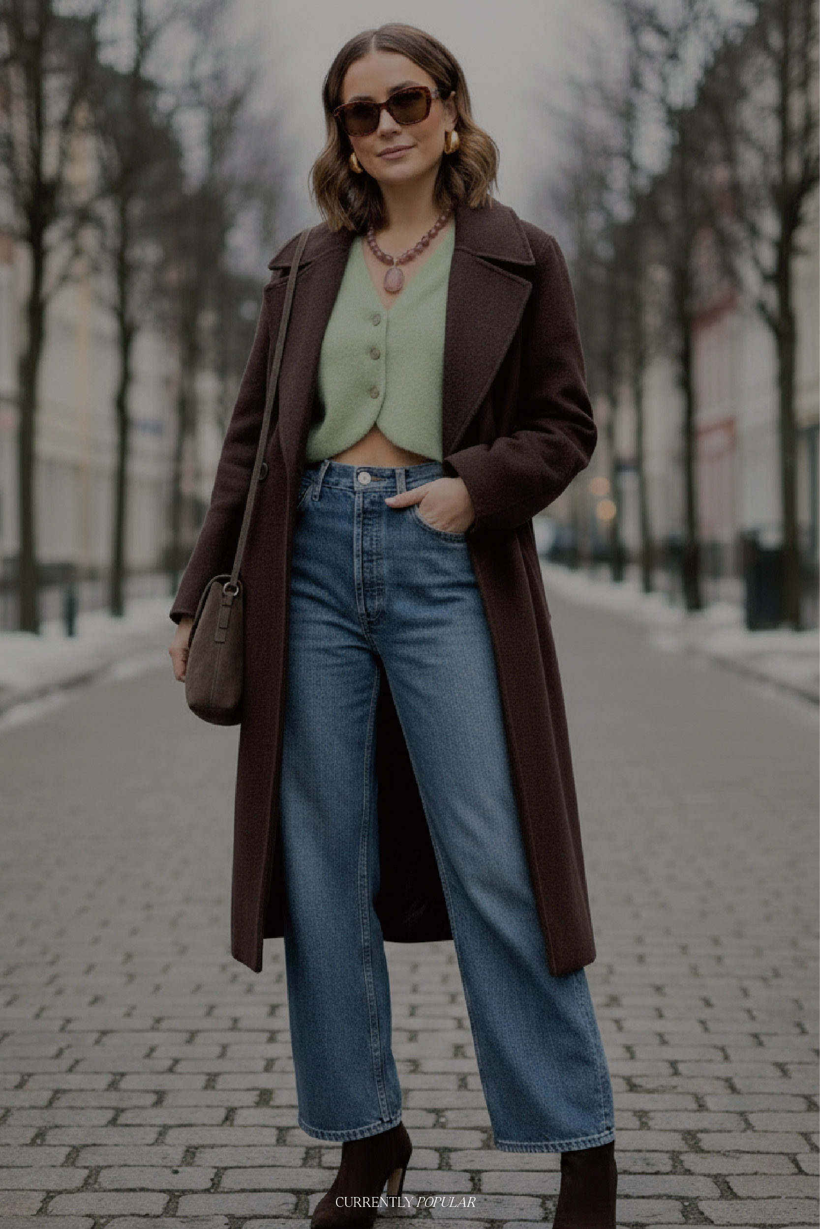 Long Wool Coat with Green Cardigan and Denim Long Wool Coat with Green Cardigan and Denim — Cold Weather Outfits