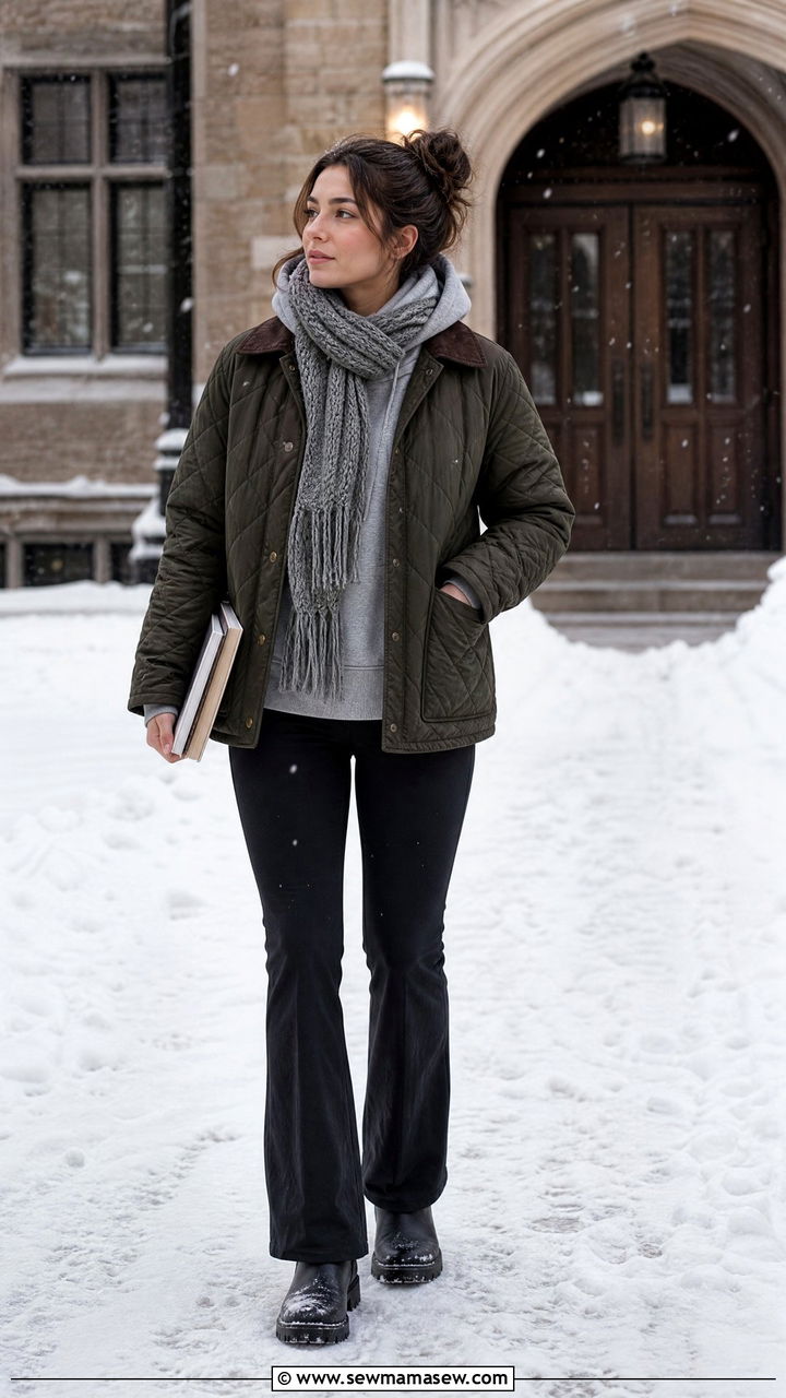 Olive Quilted Jacket and Hoodie for a Warm, Layered Look — Winter College Outfits