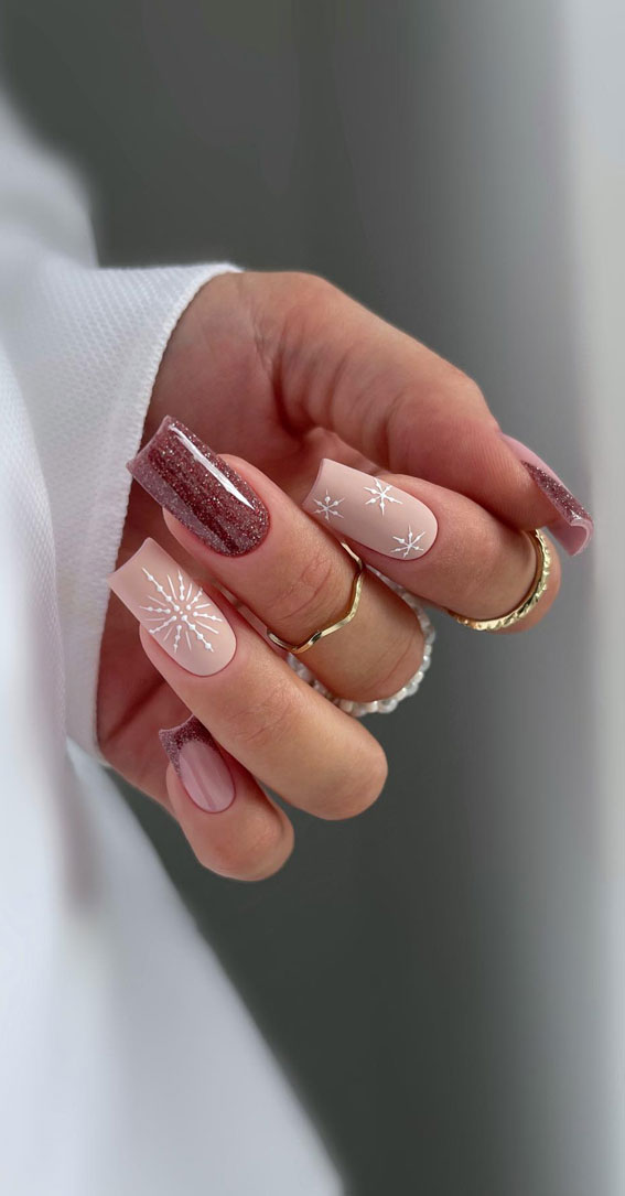 Matte Nude Snowflake Rose Gold Glitter French Matte Nude Snowflake Rose Gold Glitter French — Simple Winter Nails