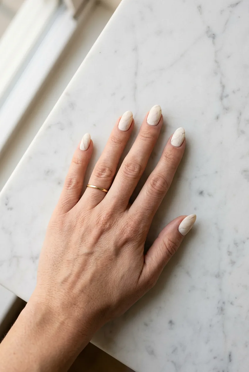 Creamy Beige Matte Marble Almond Nails — Winter Marble Nails