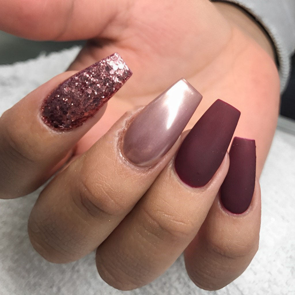 Matte Burgundy with Rose Gold Mix Matte Burgundy with Rose Gold Mix — Burgundy Nails