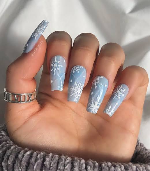 Light Blue Snowflake Coffin Nails Light Blue Snowflake Coffin Nails — Winter Nail Colors for Women Over 40