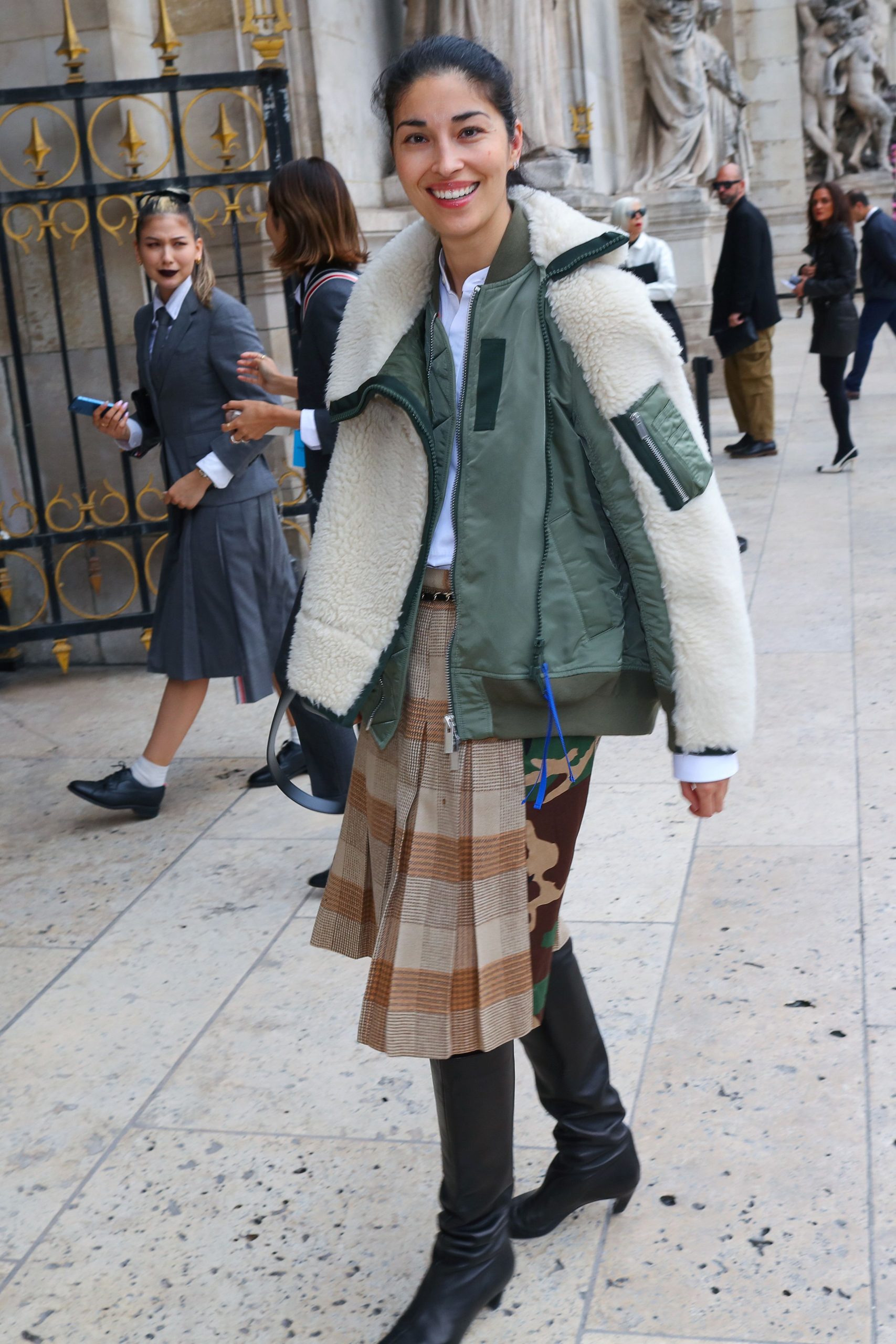Shearling Nylon Leather Plaid Wool Black Leather Over-the-Knee Boots with Bomber Jacket — Over the Knee Boots Outfits