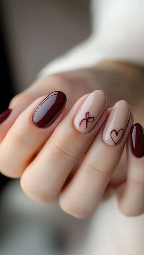 Burgundy Oval with Bow and Heart Burgundy Oval with Bow and Heart — simple nail designs