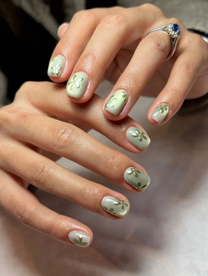 Pale Green Satin with Metallic Flowers Pale Green Satin with Metallic Flowers — trendy simple nail designs