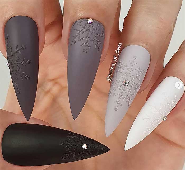 Matte Grey Stiletto With Embossed Snowflakes Matte Grey Stiletto With Embossed Snowflakes — Winter Stiletto Nails