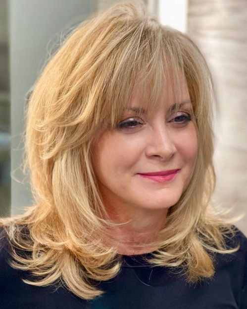 Layered Brown Bob With Straight Bangs Layered Brown Bob With Straight Bangs — Winter Haircuts for Women Over 60