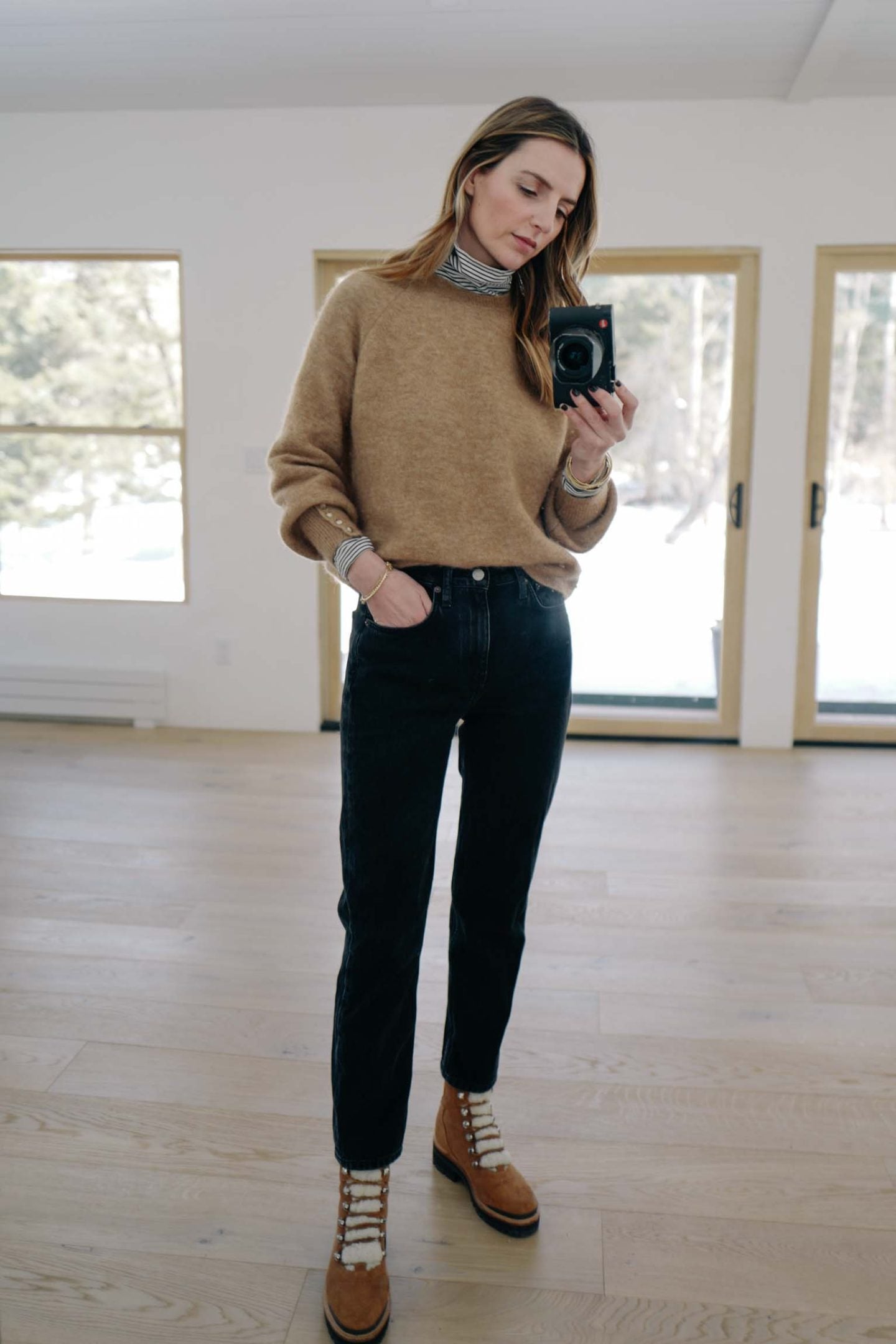 Camel Sweater Over Striped Mock Neck — Preppy Winter Outfits